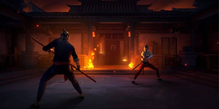 The boss fight in a burning temple in the sifu game