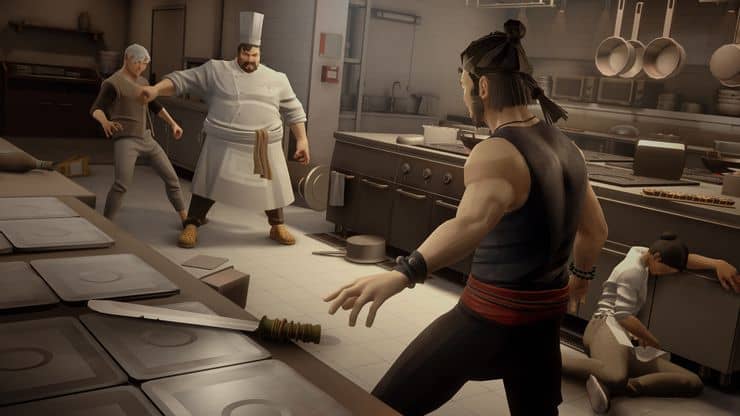 sifu fights the fat chef in the kitchen with a machete
